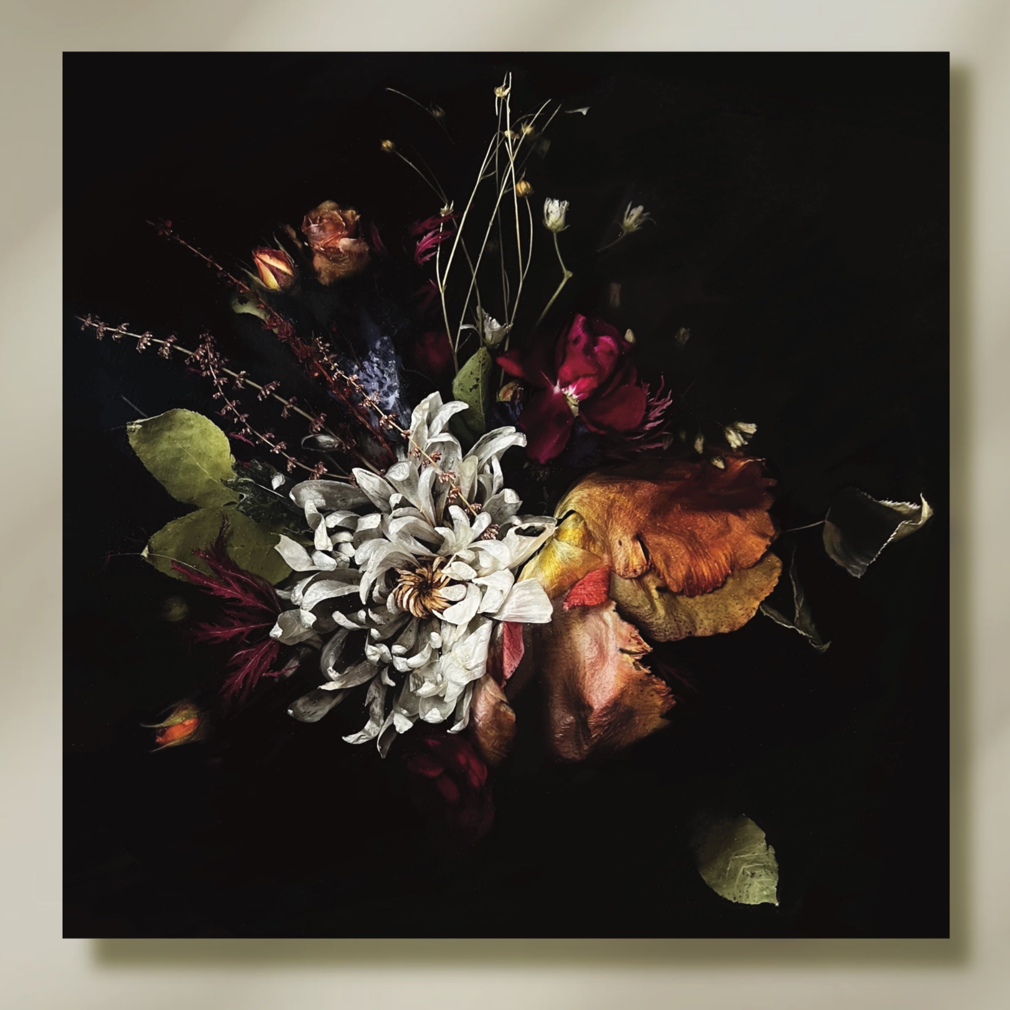 November Reliquary - Dark Floral Art Print with Chrysanthemum & Tulip